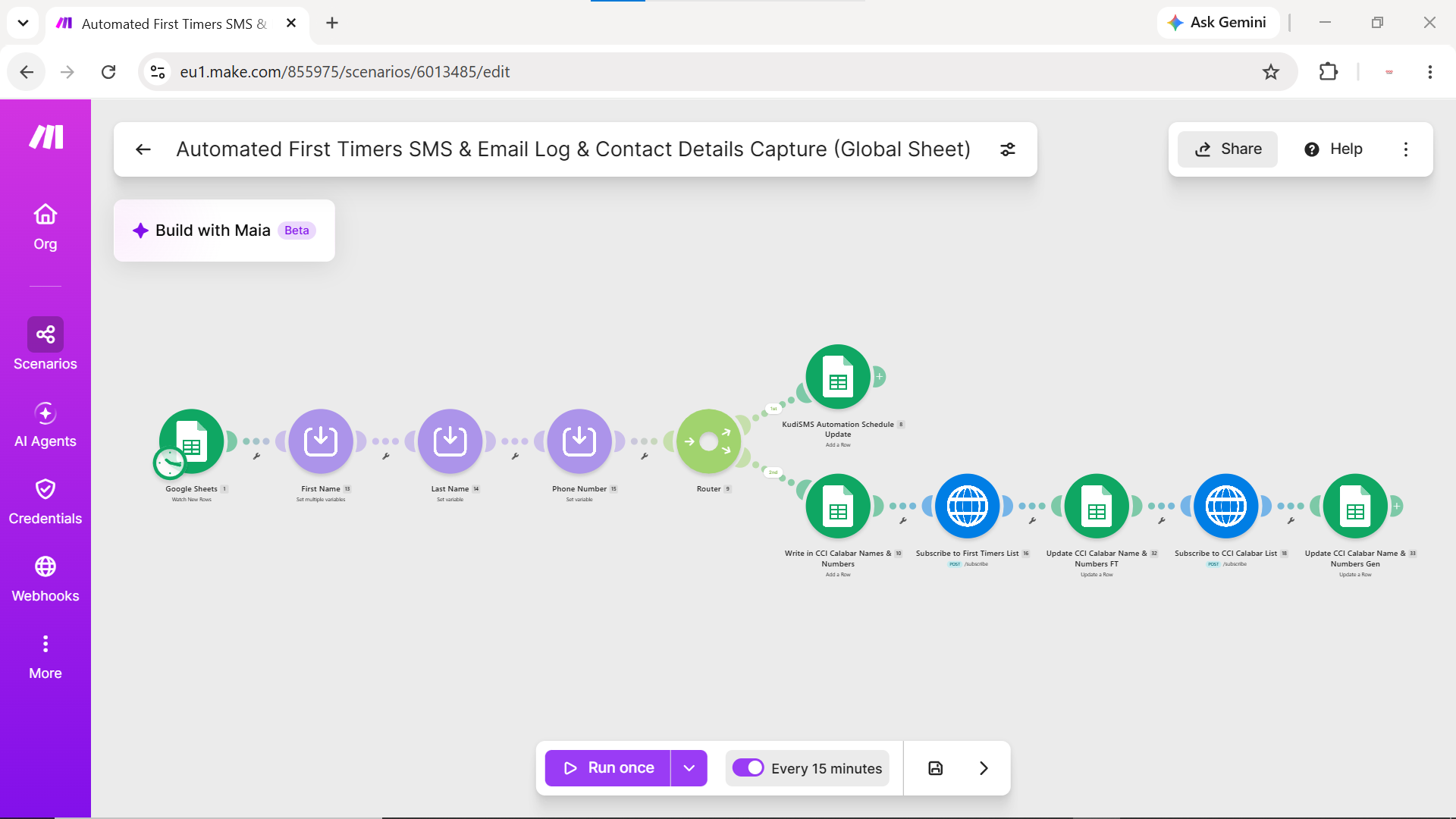 Make.com automation scenario for first-timer onboarding with SMS and email routing