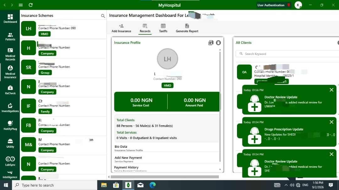 Insurance Management Dashboard consolidating scheme profiles, client counts, and payment history.