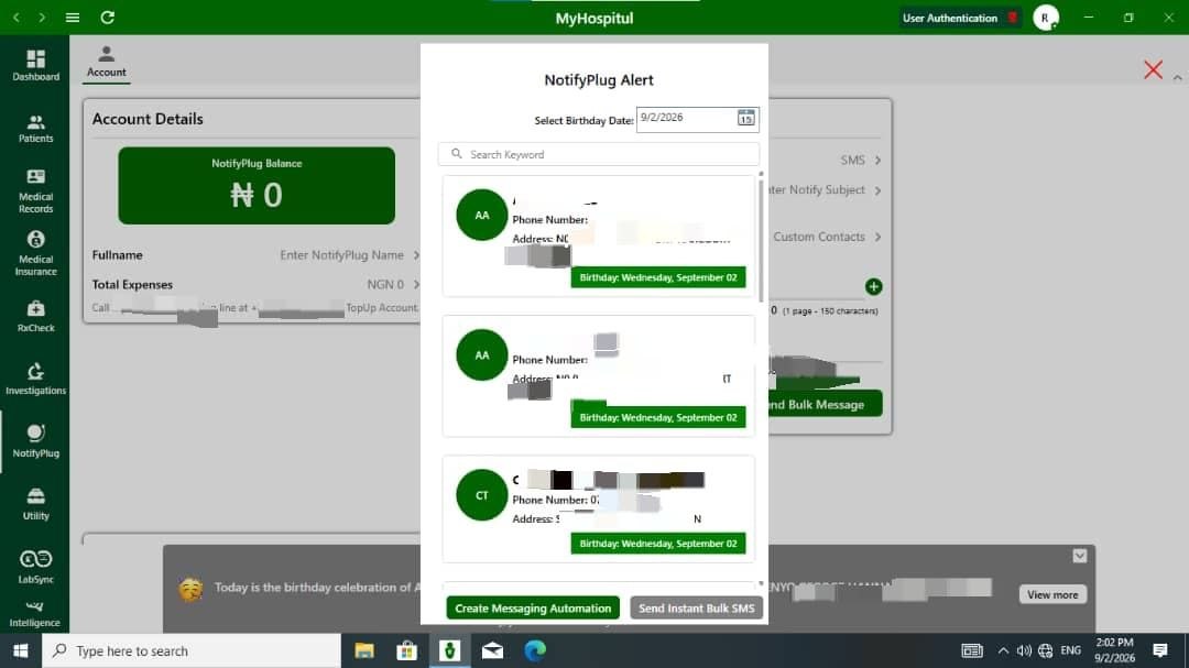 NotifyPlug alert view listing patient birthdays with options to create messaging automation or send instant bulk SMS.
