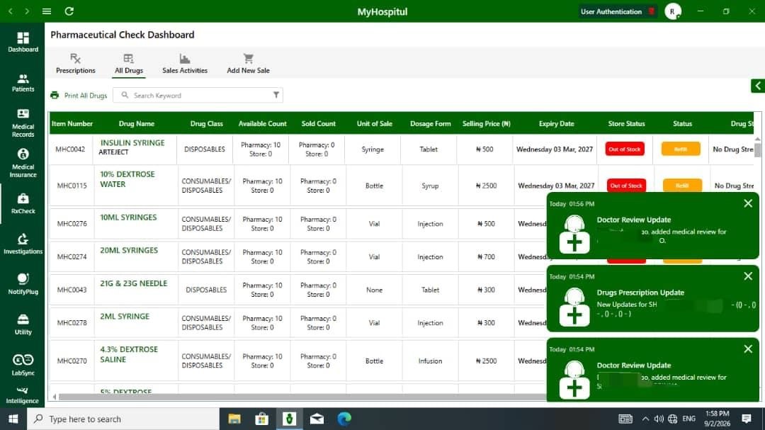 Pharmaceutical Check Dashboard listing drug stock, availability, and expiry so prescriptions can be dispensed without paper slips.