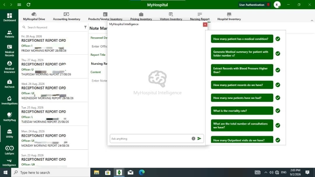 MyHospitul Intelligence assistant answering operational questions about patient records, consultations, and outpatient visits.