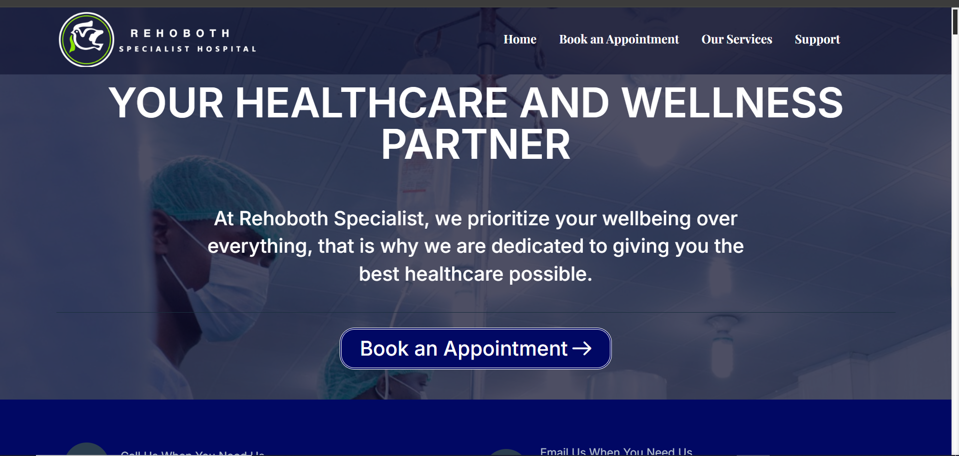 Rehoboth Specialist Hospital website homepage with Book an Appointment call to action
